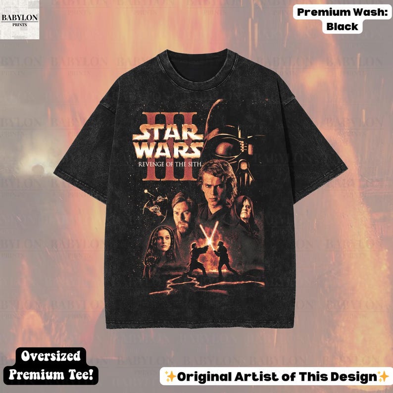 May include: Black oversized premium tee featuring a Star Wars: Revenge of the Sith graphic. The design includes characters like Darth Vader, Anakin Skywalker, and Obi-Wan Kenobi. The shirt has a distressed look and the text "Original Artist of This Design".