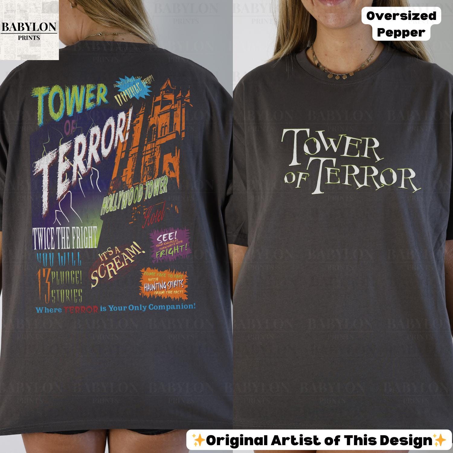 Oversized Tower of Terror T-shirt: Front Back Print Shirt, Disney