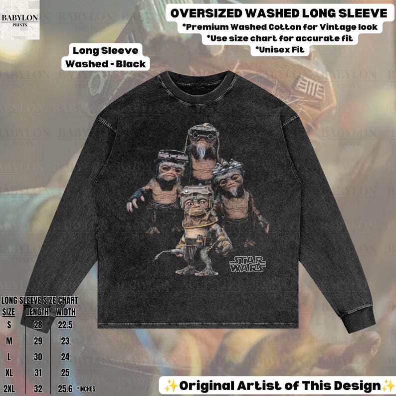 May include: An oversized, washed black long-sleeve shirt featuring a graphic print of four Star Wars creatures. The shirt includes text labels such as OVERSIZED WASHED LONG SLEEVE, Premium Washed Cotton, and a size chart in inches.