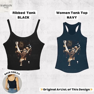 May include: Black ribbed tank top and navy blue women's tank top. Both tops feature a graphic of a woman with her arms raised. The text "Ribbed Tank BLACK" and "Women Tank Top NAVY" are displayed.