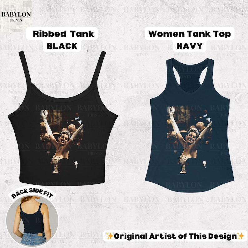 May include: Black ribbed tank top and navy blue women's tank top. Both tops feature a graphic of a woman with her arms raised. The text "Ribbed Tank BLACK" and "Women Tank Top NAVY" are displayed.