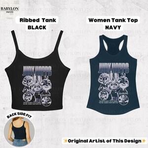 May include: Black ribbed tank top and navy women's tank top featuring a graphic of Judy Hopps and other characters from Zootopia. The text "JUDY HOPPS" is above the graphic. The black tank top has a scoop neck and thin straps.