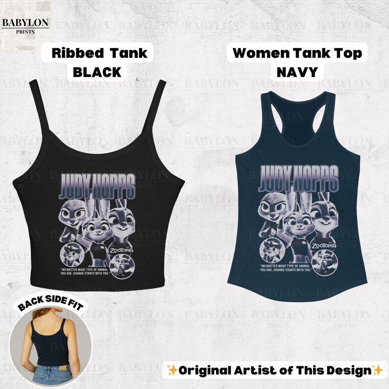 May include: Black ribbed tank top and navy women's tank top featuring a graphic of Judy Hopps and other characters from Zootopia. The text "JUDY HOPPS" is above the graphic. The black tank top has a scoop neck and thin straps.