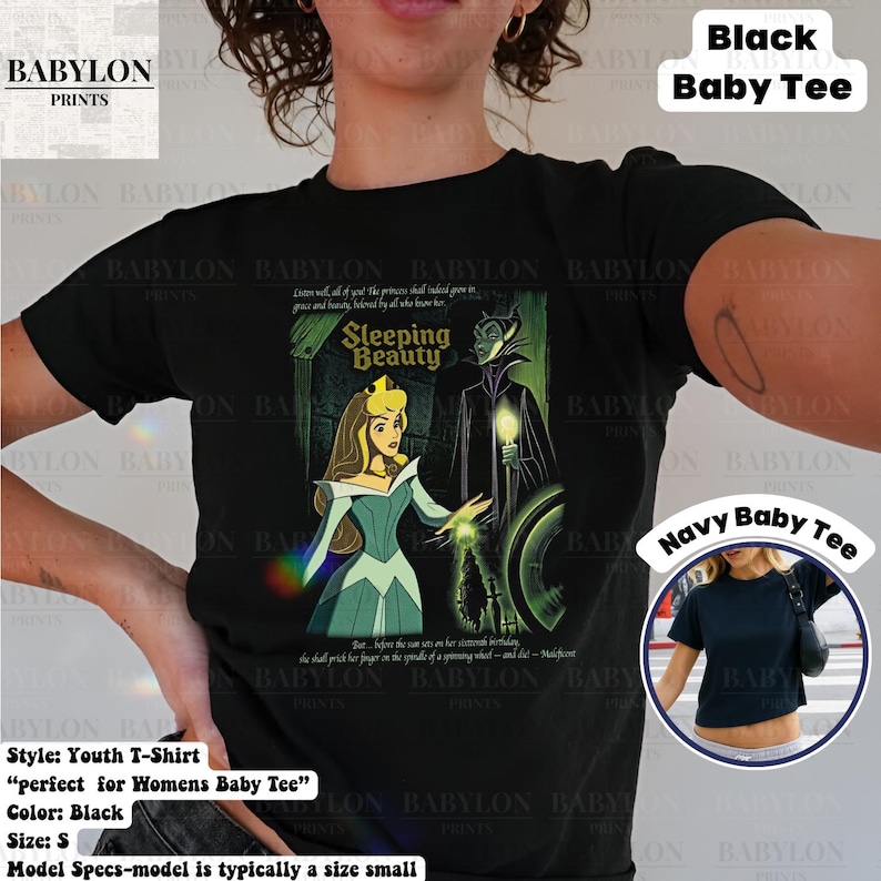 May include: Black youth t-shirt featuring a graphic from Sleeping Beauty. The design includes Princess Aurora and Maleficent. The shirt has the text "Sleeping Beauty" and other text. The shirt is a size small.