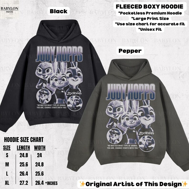 May include: Black and pepper-colored fleece boxy hoodies featuring a large print of Judy Hopps and other characters from Zootopia. The hoodies have a pocketless design and are available in sizes S to XL, with measurements in inches.