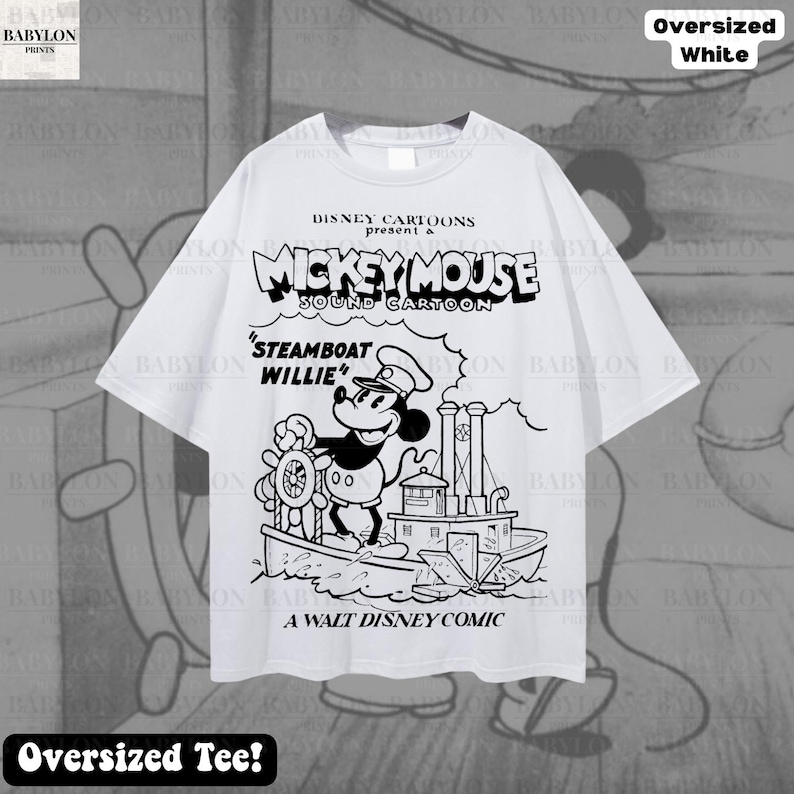 Stor Steamboat Willie-skjorta: Retro Disney Musse Pigg tecknad t-shirt Magic Kingdom T-shirt Steamboat Musse Pigg-skjorta Disneyland-skjorta Oversized White