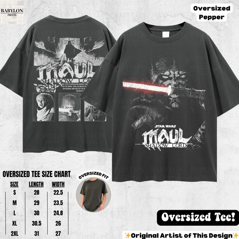 May include: Two dark gray oversized t-shirts. One features a graphic of Darth Maul with a red lightsaber and the text "STAR WARS MAUL SHADOW LORD." The other shirt displays a graphic of Darth Maul and the text "MAUL SHADOW LORD."