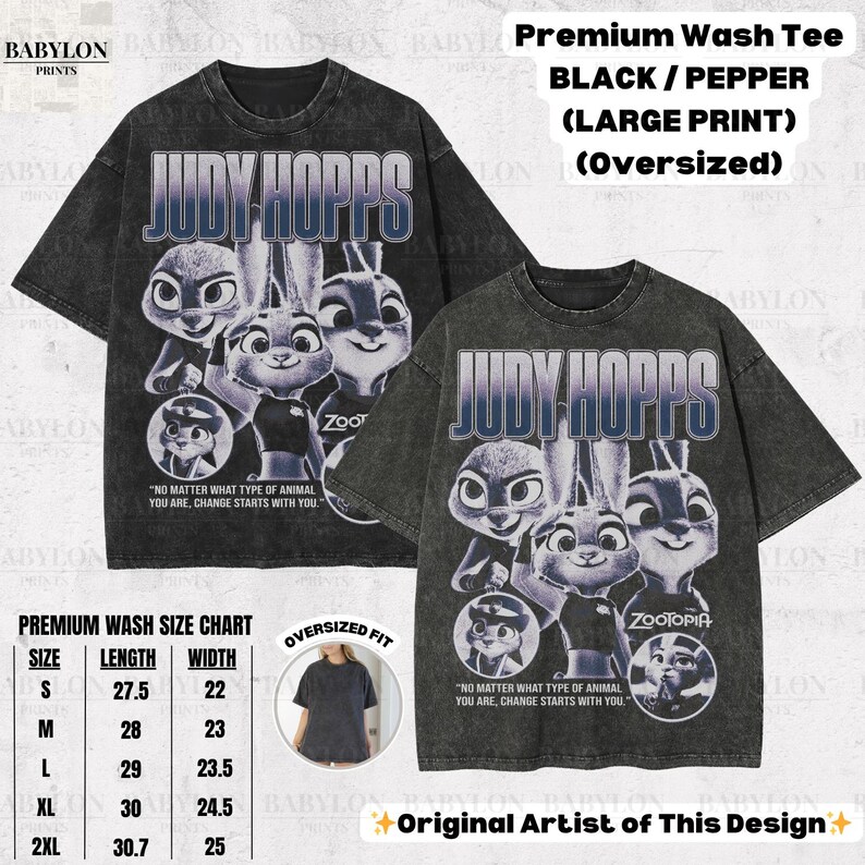 May include: Black and pepper-colored oversized t-shirts featuring a large print of Judy Hopps from Zootopia. The shirts display the text "JUDY HOPPS" and a quote. A size chart is also included.