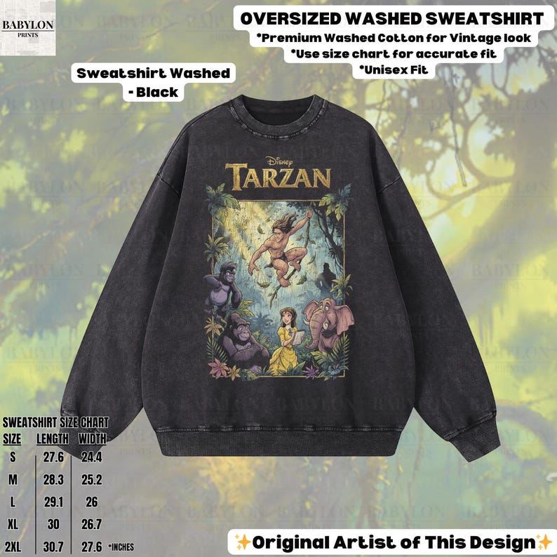May include: Black oversized washed sweatshirt featuring a Tarzan graphic. The design includes Tarzan, Jane, gorillas, and an elephant. The sweatshirt has the text "Disney Tarzan" and a size chart.