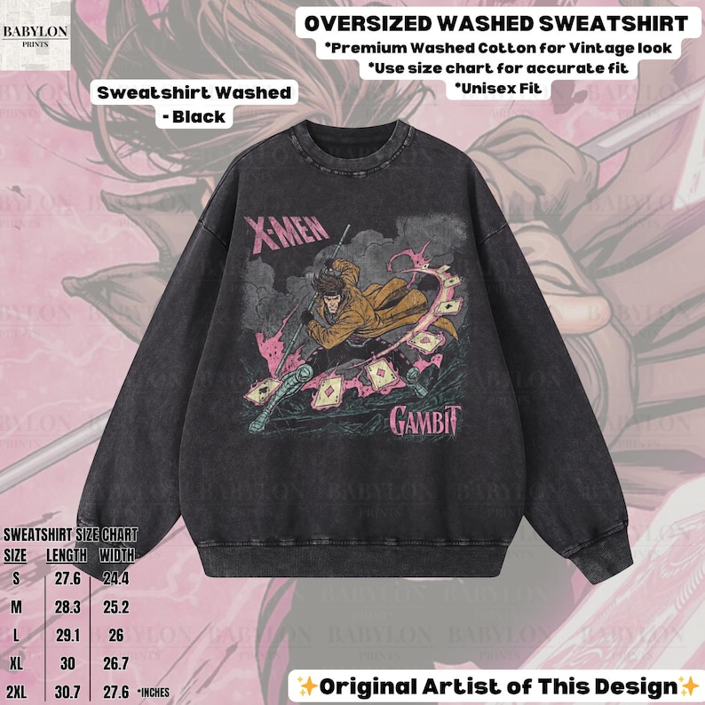 May include: Black oversized washed sweatshirt featuring a graphic of the X-Men character Gambit. The design includes the text "X-Men" and "Gambit". The sweatshirt has a vintage look and is made of premium washed cotton. The size chart is included.