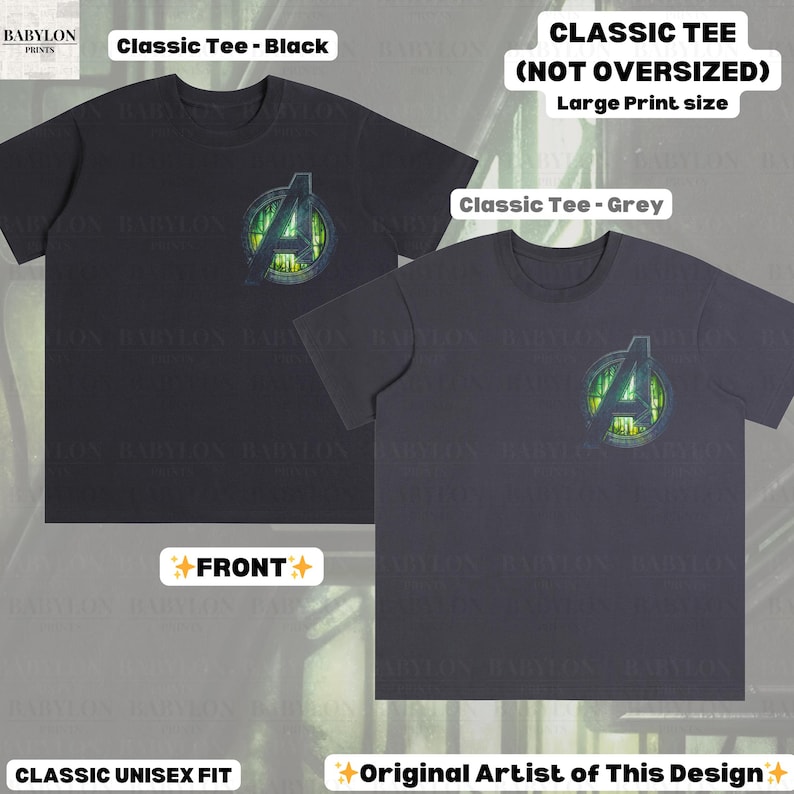 May include: Two classic unisex fit t-shirts, one black and one grey, each featuring a large print of a green and yellow Avengers logo. The shirts are labeled "Classic Tee" and "Original Artist of This Design."