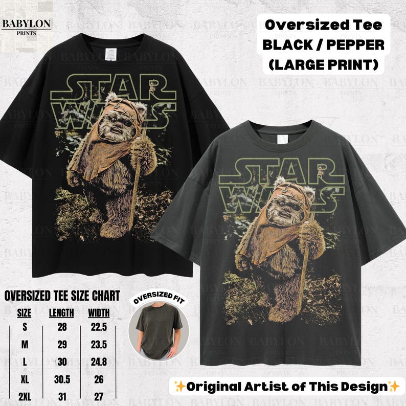 May include: Black and pepper-colored oversized t-shirts featuring a large print of a Star Wars Ewok character. The shirts have the Star Wars logo above the character. A size chart is included.