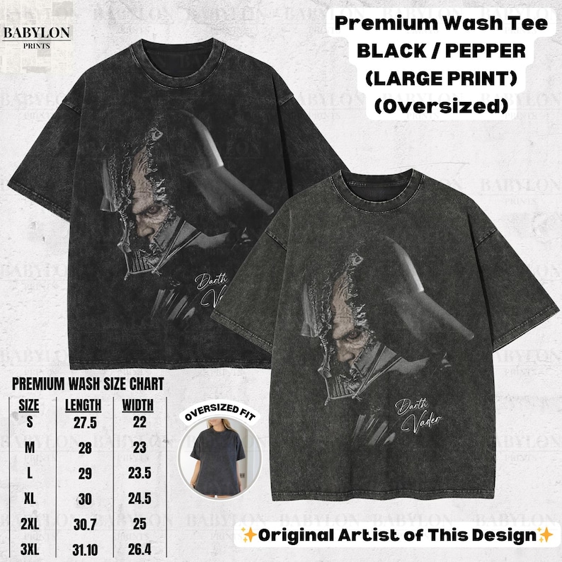 K&ouml;nnte beinhalten: Schwarzes und pfefferfarbenes, &uuml;bergro&szlig;es Wasch-T-Shirt mit gro&szlig;em Darth Vader-Aufdruck. Das Shirt hat den Text "Darth Vader" und eine Gr&ouml;&szlig;entabelle. Erh&auml;ltlich in den Gr&ouml;&szlig;en S, M, L, XL, 2XL und 3XL.