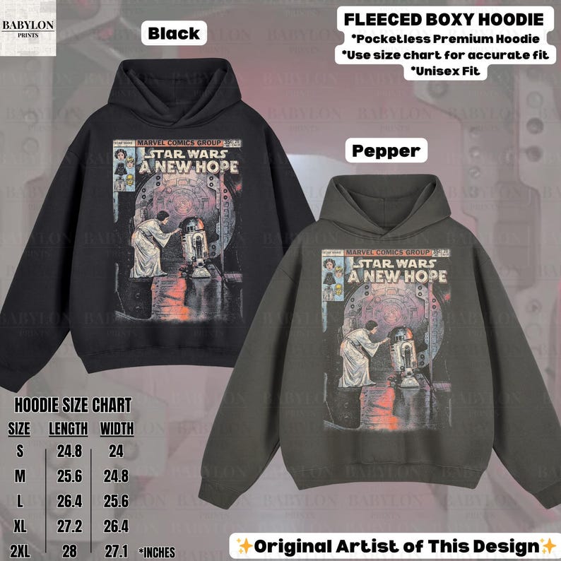 May include: Black and pepper-colored fleece boxy hoodies. Each hoodie features a Star Wars comic book cover design. The size chart shows measurements in inches. The hoodies are unisex.