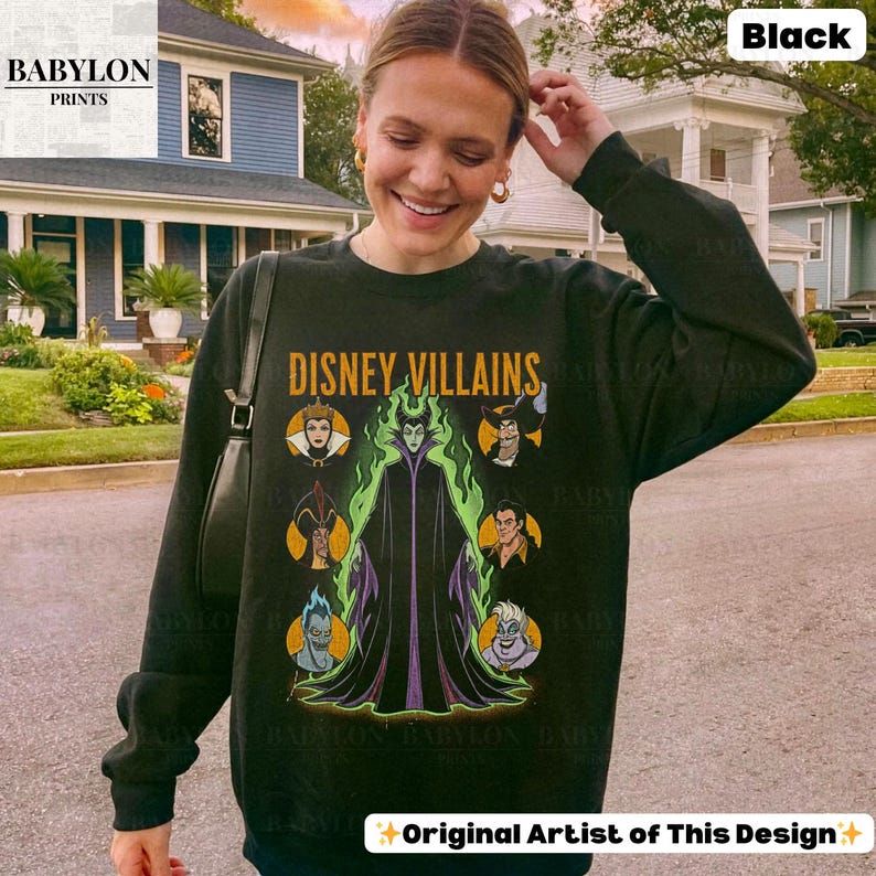 Vintage Disney Villains Shirt: Maleficent Sweatshirt, Retro Evil Queen Jafar Hades Ursula T-Shirt, Disneyworld Villain Shirt, Disney Gifts Classic Unisex Crewneck Sweatshirt - Black
