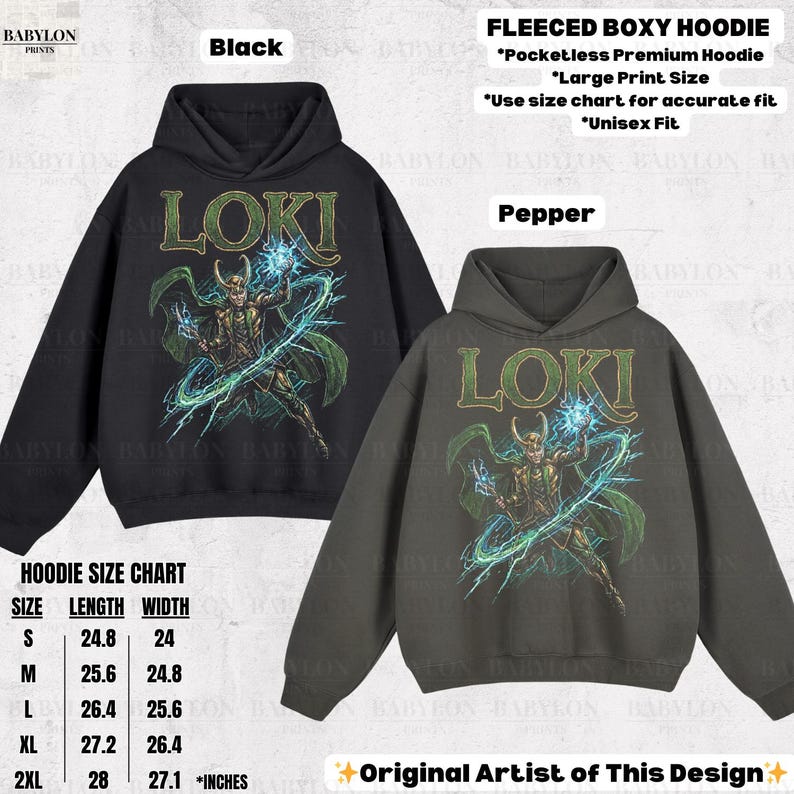 May include: Black and pepper-colored fleece boxy hoodies with a large print of the word "LOKI" and a character illustration. The hoodies have a pocketless design and are available in various sizes, as shown in the size chart.