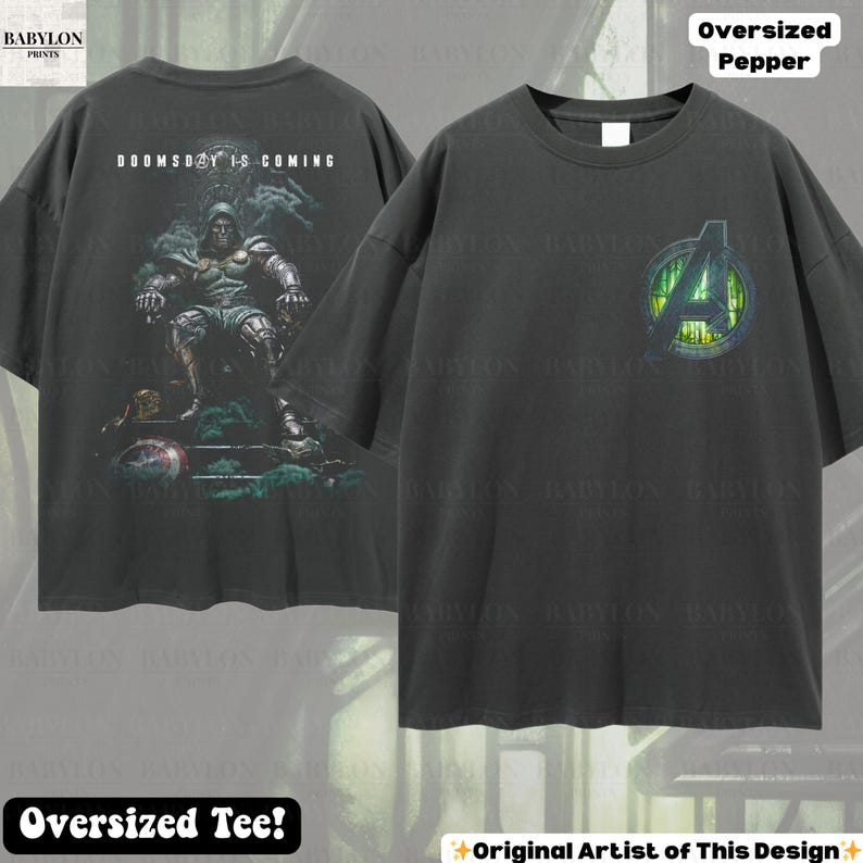 May include: Dark gray oversized tee shirt with a graphic of a character on the back with the text "DOOMSDAY IS COMING". The front of the shirt has a green and yellow Avengers logo. The shirt is labeled "Oversized Pepper" and "Oversized Tee!"
