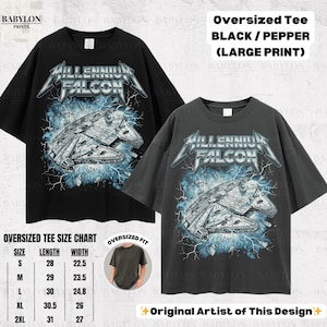 May include: Two oversized black and pepper-colored t-shirts with a large graphic print of the Millennium Falcon spaceship. The shirts feature the text "MILLENNIUM FALCON" in a metallic font. A size chart is also included.