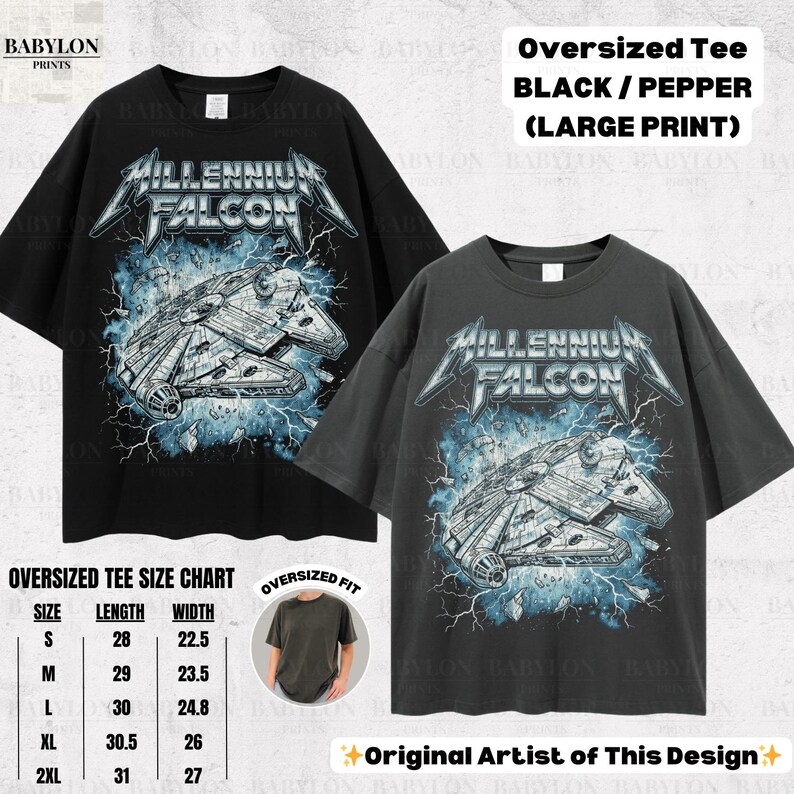 May include: Two oversized black and pepper-colored t-shirts with a large graphic print of the Millennium Falcon spaceship. The shirts feature the text "MILLENNIUM FALCON" in a metallic font. A size chart is also included.