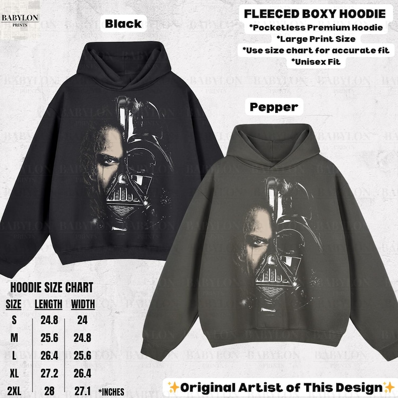 May include: Black and pepper-colored fleeced boxy hoodies with a large print of a character's face and helmet. The hoodies have a pocketless design and are unisex fit. The size chart is included in inches.