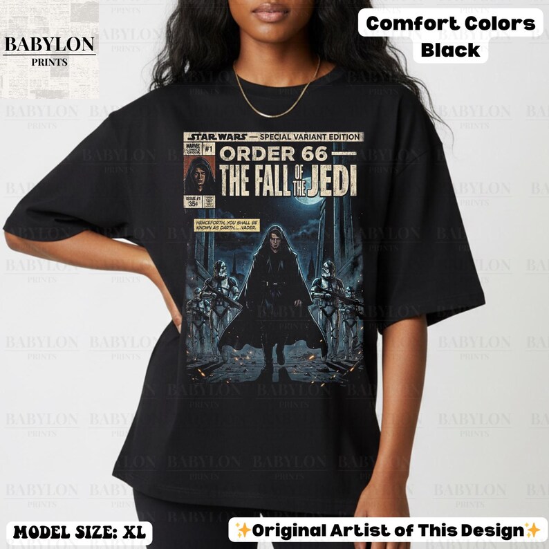 May include: Black Star Wars t-shirt featuring a comic book-style graphic with the text "Order 66 - The Fall of the Jedi." The design includes characters and imagery from the Star Wars universe. The shirt is a comfort colors XL.