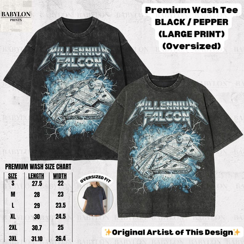 May include: Black and pepper-colored oversized t-shirts with a large graphic print of the Millennium Falcon spaceship, with the text "Millennium Falcon" in a metallic font. The shirts have a distressed wash effect.