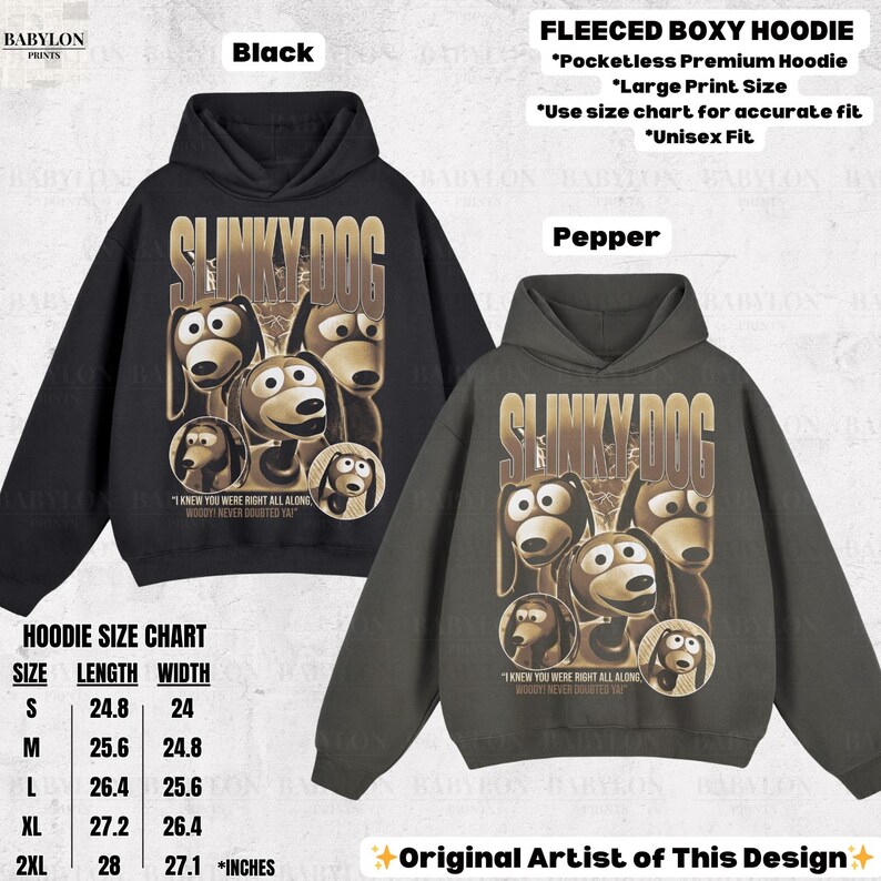May include: Black and pepper-colored fleeced boxy hoodies with a Slinky Dog graphic. The design includes the text "Slinky Dog" and the quote "I knew you were right all along, Woody never doubted ya." The hoodies are unisex fit.