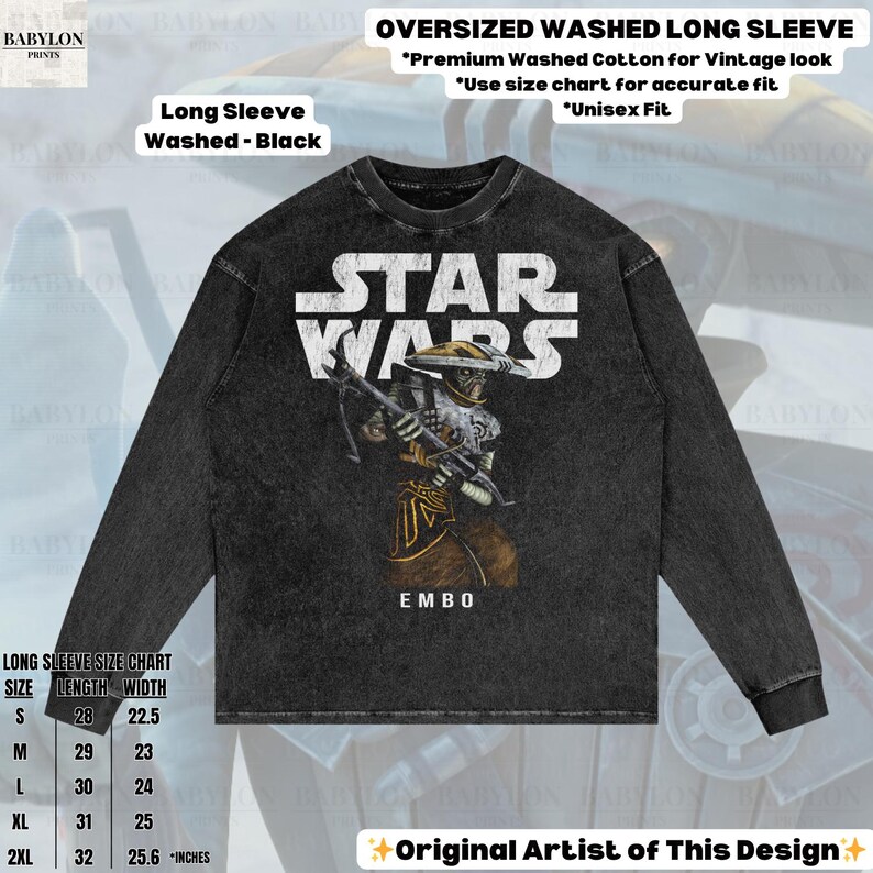 Puede incluir: Camiseta negra de manga larga con un gr&aacute;fico de Star Wars con el personaje Embo. La camiseta tiene un aspecto vintage lavado y el texto "STAR WARS" en blanco. La camiseta es unisex y est&aacute; hecha de algod&oacute;n lavado de primera calidad. Tabla de tallas incluida.