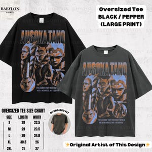 May include: Black and grey oversized t-shirt with a large print of Ahsoka Tano from Star Wars. The print features a quote: "I've learned that trusting others is not a weakness, but a strength."