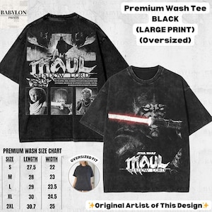 May include: Black oversized graphic tee featuring a Star Wars Darth Maul design. The shirt has a large print and includes the text "MAUL SHADOW LORD". The tee is part of the Premium Wash collection.