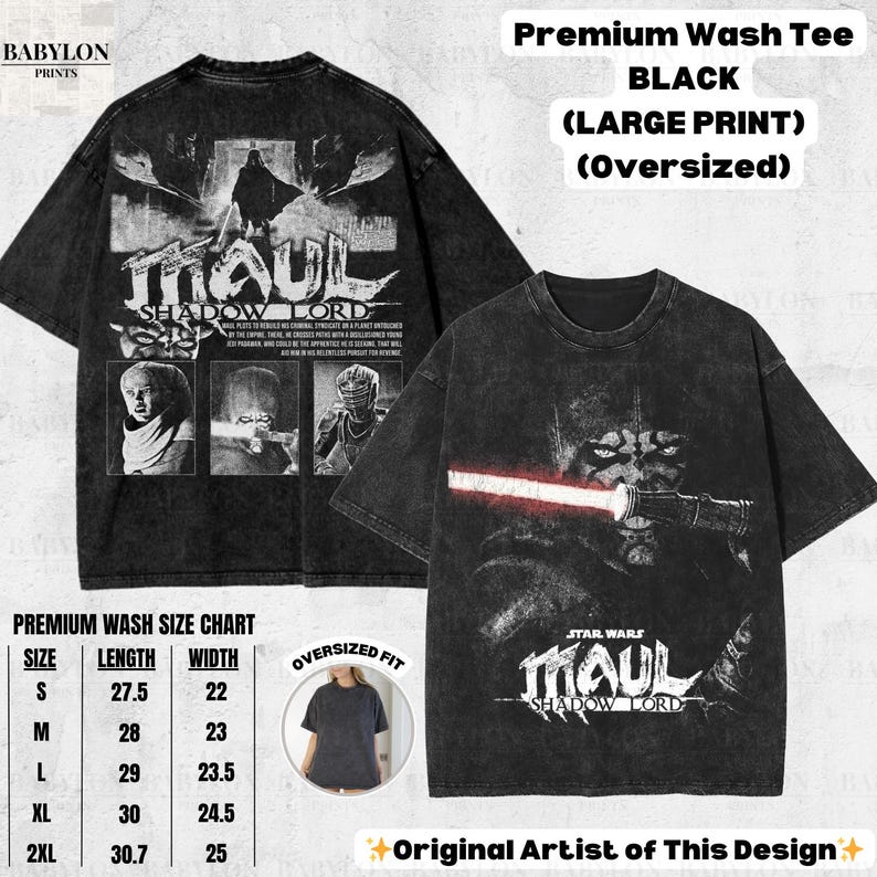 May include: Black oversized graphic tee featuring a Star Wars Darth Maul design. The shirt has a large print and includes the text "MAUL SHADOW LORD". The tee is part of the Premium Wash collection.