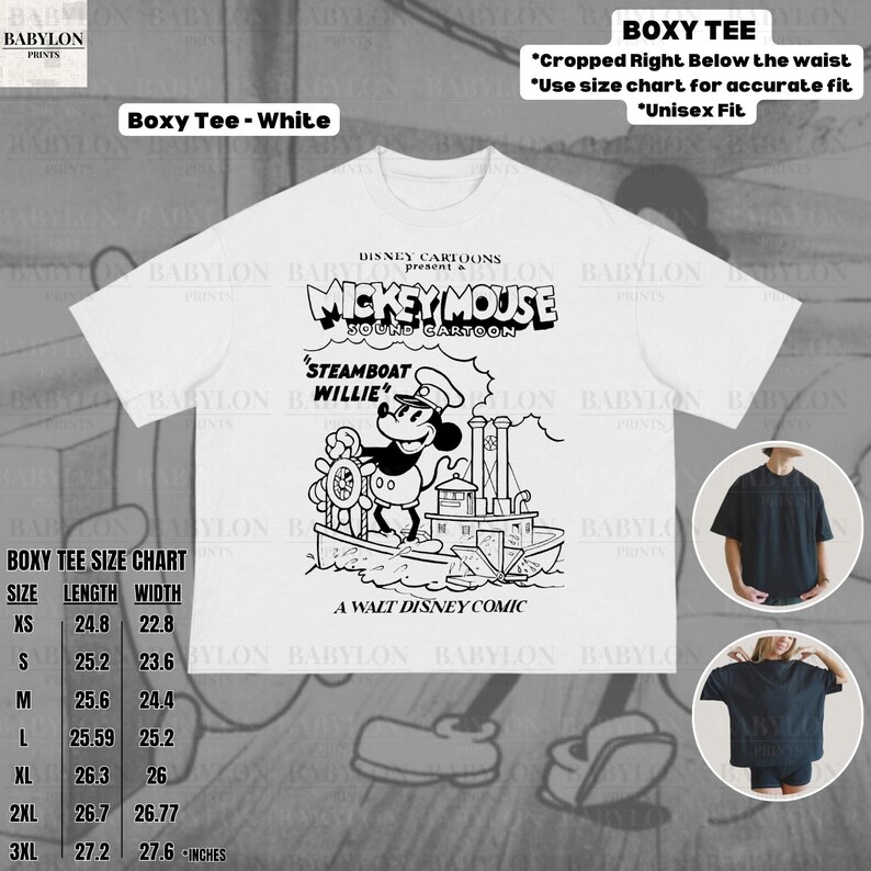 Stor Steamboat Willie-skjorta: Retro Disney Musse Pigg tecknad t-shirt Magic Kingdom T-shirt Steamboat Musse Pigg-skjorta Disneyland-skjorta Boxy Tee - White