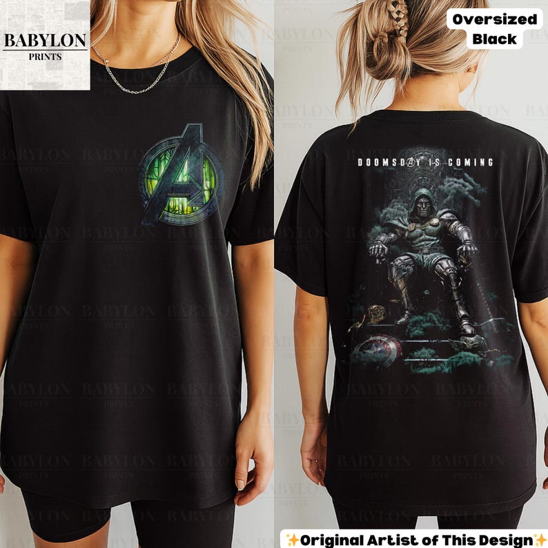 May include: Black oversized t-shirt featuring the Avengers' logo on the front and a graphic of a character with the text "DOOMSDAY IS COMING" on the back. The shirt is a comfortable, casual style.