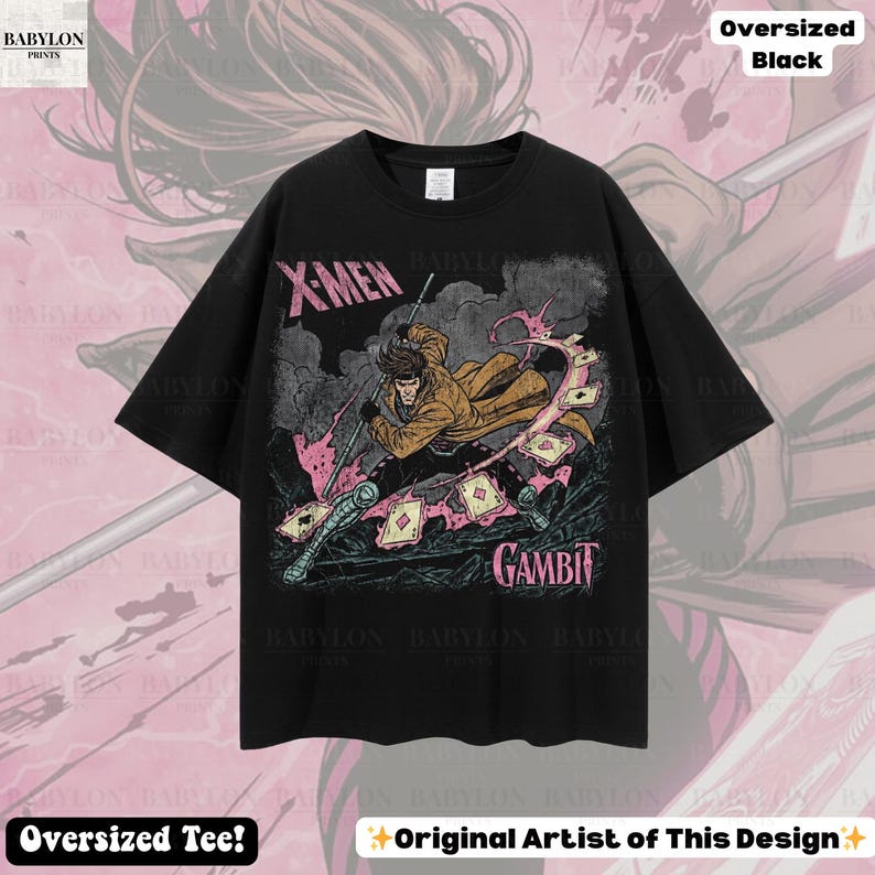 May include: Black oversized t-shirt featuring a graphic of the X-Men character Gambit. The design includes the text "X-Men" and "Gambit" in a distressed style, with a pink and gray color scheme. The shirt is labeled "Oversized Black" and "Oversized Tee!"