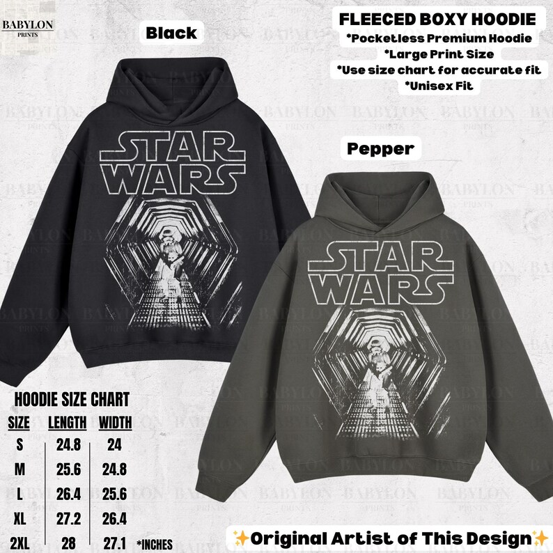 May include: Black and pepper-colored fleeced boxy hoodies with a Star Wars graphic. The hoodies feature a large print design and are available in various sizes. The size chart shows the length and width in inches.