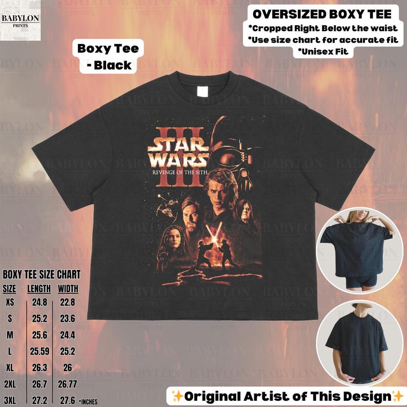 May include: Black boxy tee featuring a Star Wars: Revenge of the Sith graphic. The shirt has a crew neck and short sleeves. The image includes a size chart with measurements in inches. The shirt is described as oversized and unisex.