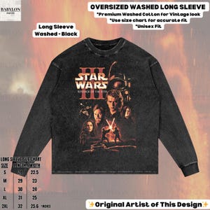 May include: Black long-sleeve shirt with a Star Wars: Revenge of the Sith graphic. The shirt features a distressed, washed look and the text "Star Wars III Revenge of the Sith". The size chart shows lengths from 28 to 32 inches.