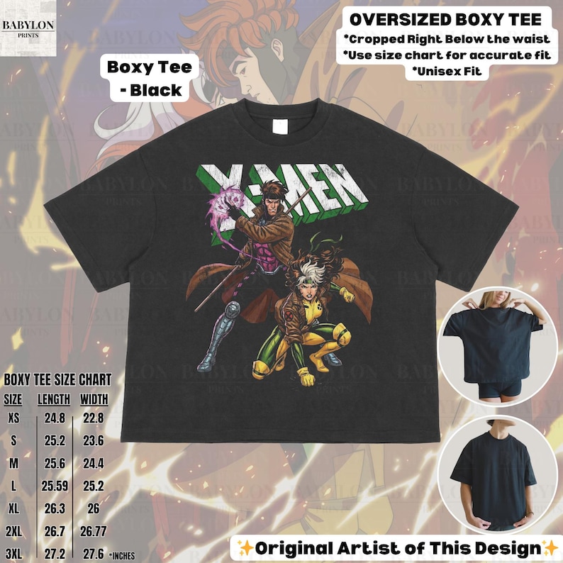 May include: Black oversized boxy tee featuring a graphic of X-Men characters. The shirt has the word "X-MEN" in green and white. The tee includes a size chart with measurements in inches. The design is labeled as "Original Artist of This Design."