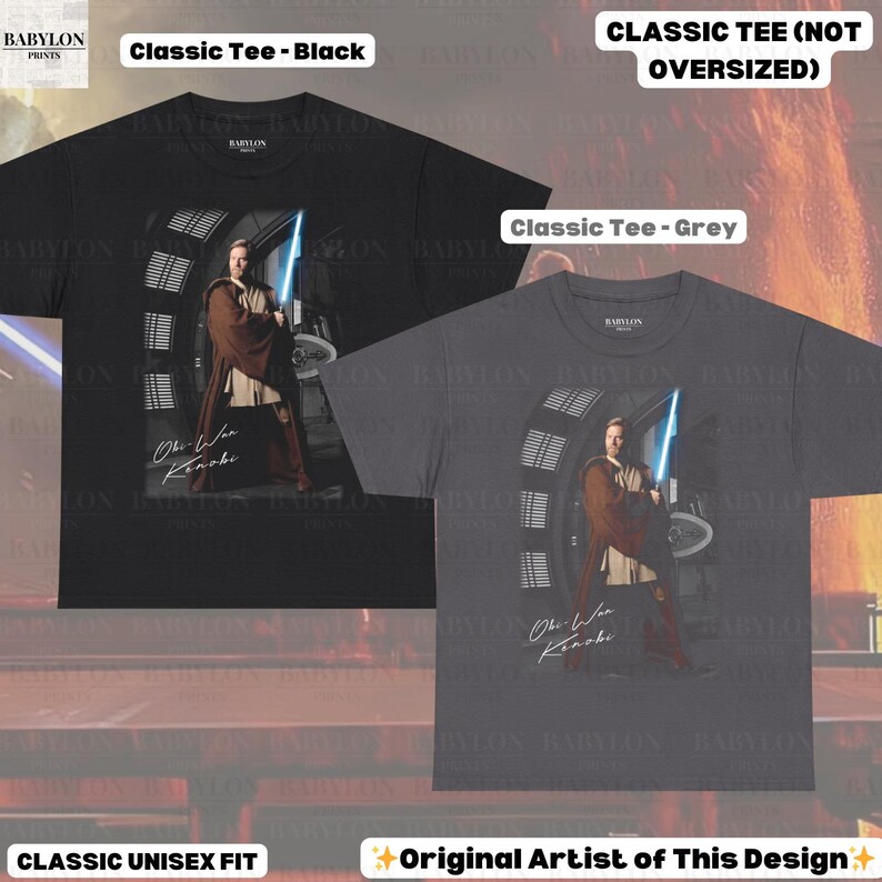Może przedstawiać: Czarne i szare klasyczne koszulki unisex z grafiką postaci z mieczem świetlnym. Koszulki mają napis "Obi-Wan Kenobi" i są oznaczone jako "Classic Tee - Black" i "Classic Tee - Grey".