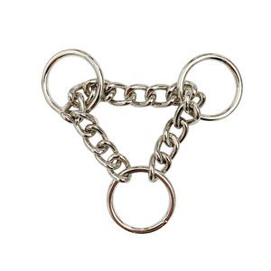May include: A silver chain with three attached rings. The chain is made of interlocking links and the rings are smooth and round.