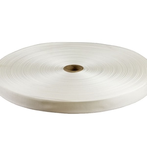 May include: A white roll of webbing strap, a type of heavy-duty nylon fabric used for strapping, tying, and securing objects.