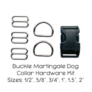 Puede incluir: Un juego de herrajes metálicos plateados para hacer collares de perro, que incluye tres anillos en D, tres hebillas deslizantes y una hebilla de plástico negro. Los tamaños incluidos son 1/2 pulgada, 5/8 pulgada, 3/4 pulgada, 1 pulgada, 1,5 pulgadas y 2 pulgadas.