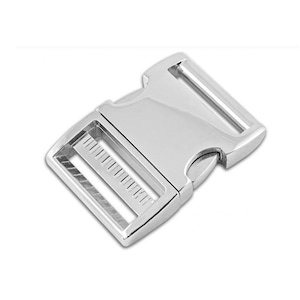 Op de afbeelding: Zilveren metalen gesp voor een band of riem. De gesp heeft een gladde, gepolijste afwerking en een rechthoekige vorm.