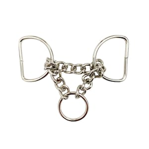 Puede incluir: Una cadena de metal plateado con dos anillos ovalados y un anillo redondo. La cadena está conectada a los anillos.