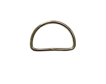 May include: A silver metal D-ring, a type of hardware used for attaching items to bags, belts, or other objects.