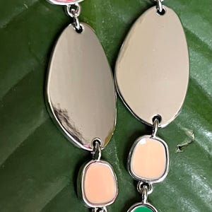 Retro Mod Statement Earrings | 4” Color Block Pink Green Silver Drop Earrings | Mid-Century Inspired Jewelry