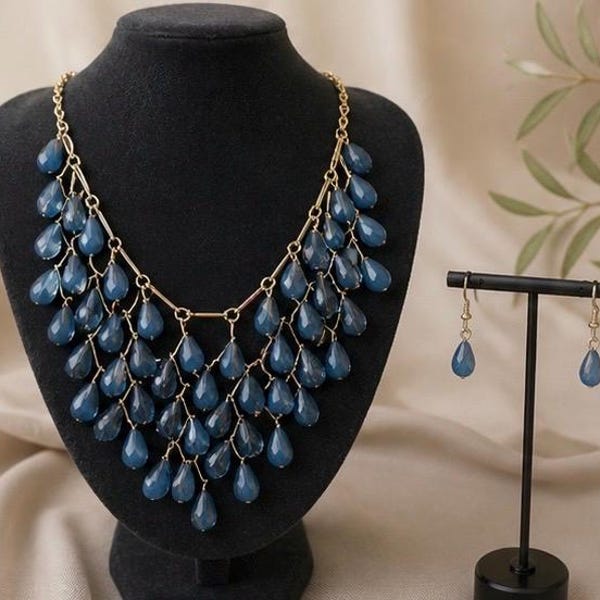 Layered Blue Teardrop Bib Necklace and Earrings Set | Boho Evening Jewelry