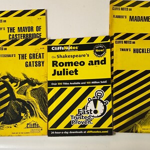 May include: A collection of Cliffs Notes books with yellow covers and black diagonal stripes. Titles include "The Mayor of Casterbridge," "The Great Gatsby," "Romeo and Juliet," "Madame Bovary," and "Huckleberry Finn." The books are for classic literature.