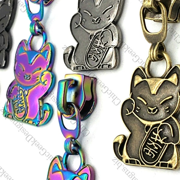 Lucky Cat #5 zipper for nylon tape, good luck and fortune new year, fun zipper for sewing and crafts, custom purse hardware