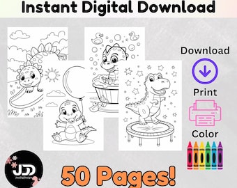 May include: Digital download featuring black and white dinosaur coloring pages. The image includes the text "Instant Digital Download" and "50 Pages!". There are illustrations of dinosaurs with various activities, such as playing on a trampoline and taking a bath.